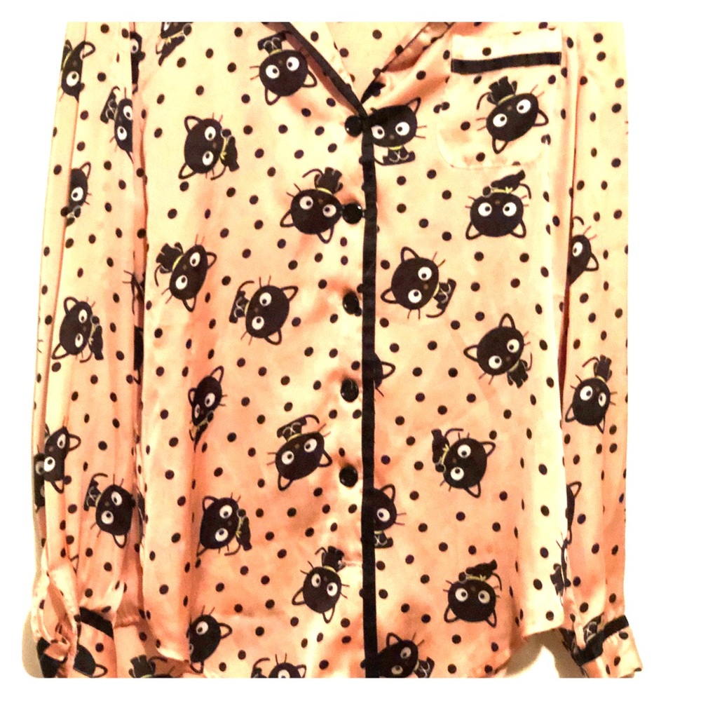Satin long sleeve button down shirt w/ black cats